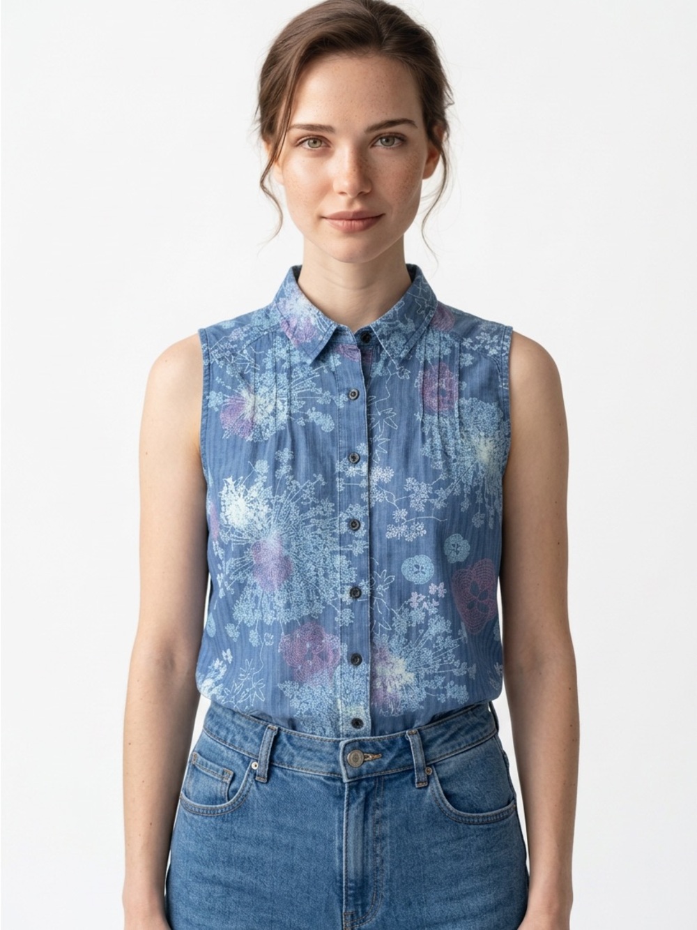 🌸 Woolrich Sleeveless Floral Button Down Top Blue Pink‎ Print Size M